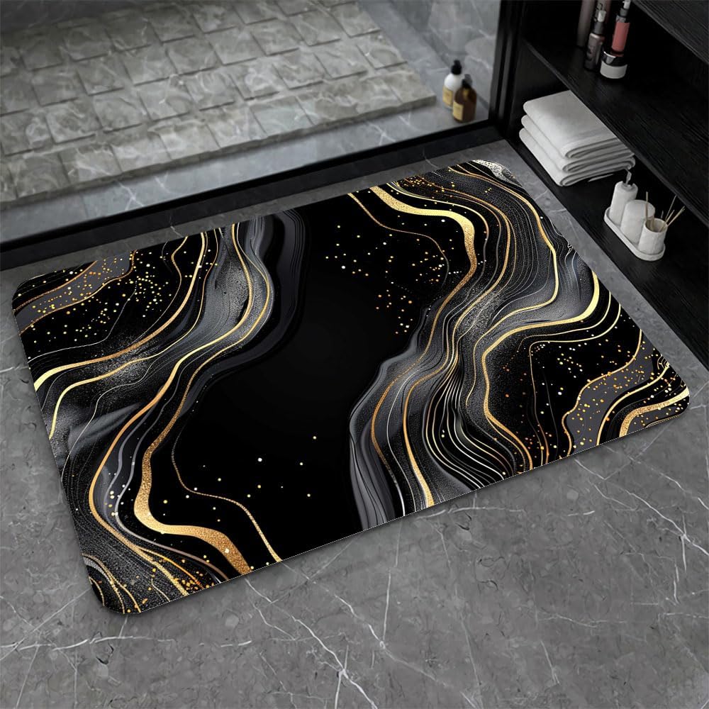 Bath Mat-Bathroom Rug，Black and Gold Abstract Marble-Absorbent Non Slip Quick Dry Stain Resistant