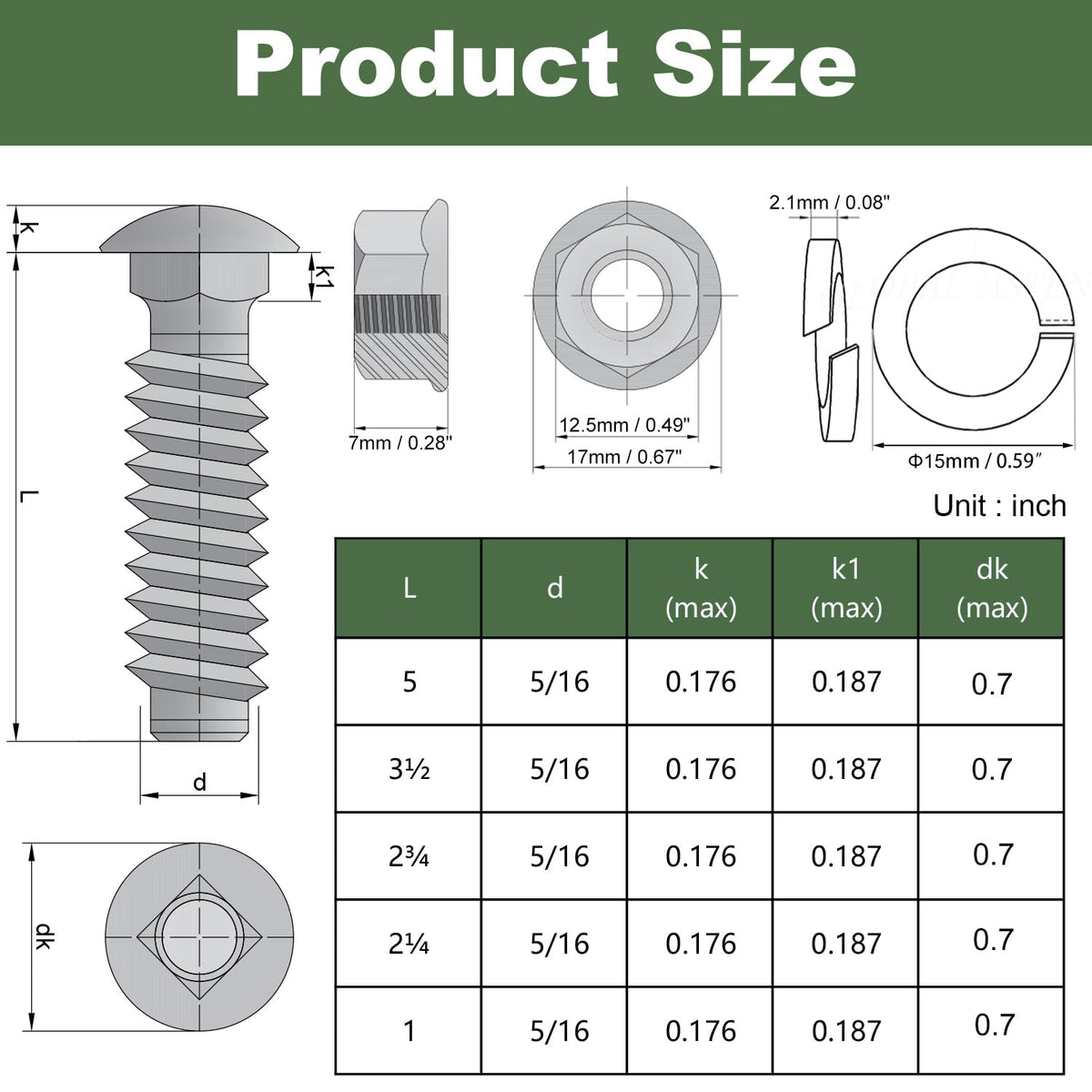 5/16-18 Carriage Bolts Set 40pcs Wheelbarrow Handles Replacement Kit 304 Stainless Steel Nut and
