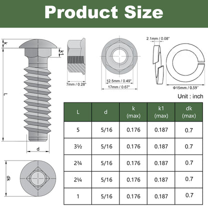5/16-18 Carriage Bolts Set 40pcs Wheelbarrow Handles Replacement Kit 304 Stainless Steel Nut and