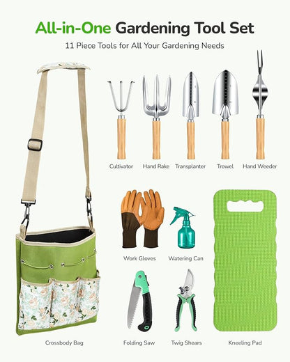 All-in-One Garden Tool Set, 11-Piece Heavy Duty Gardening Tools with Ergonomic Canvas Shoulder
