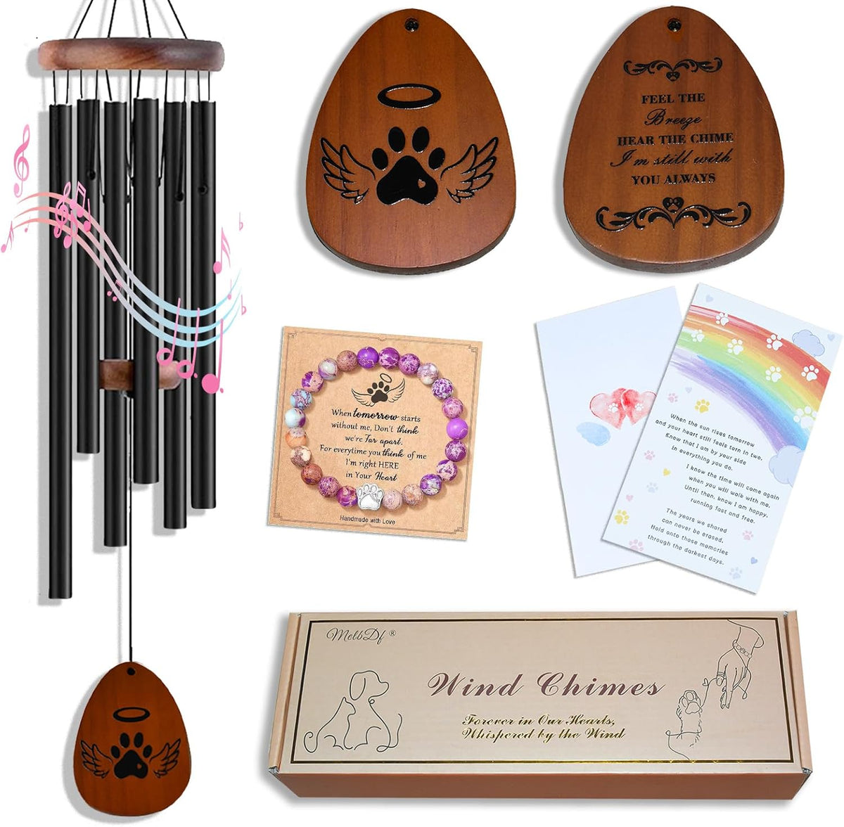 Pet Memorial Wind Chime Gift Set with Bracelet, Wooden Ornament and Sympathy Card, Black&Golden