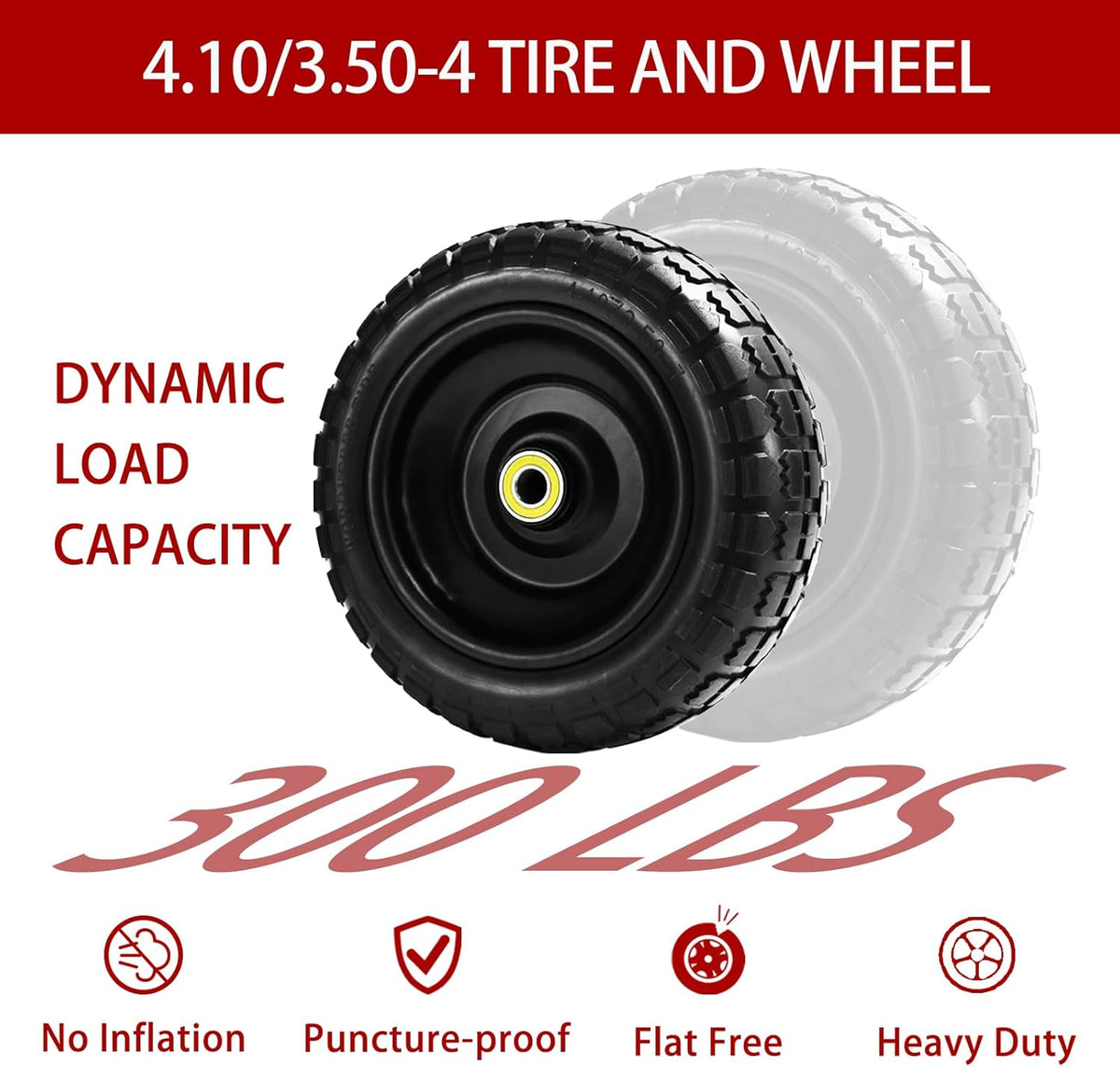 10" Solid Tires (4-Pack) - 4.10/3.50-4 Flat-Free Replacement Wheels for Gorilla Carts