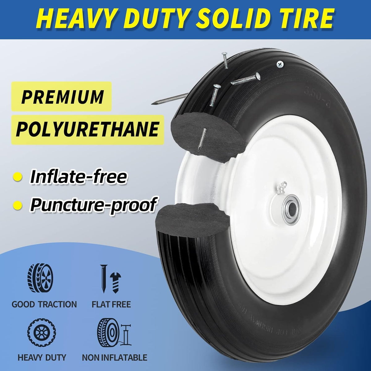 14.5" Wheelbarrow Flat Free Tire, Fits 4.80/4.00-8, 3.50/2.50-8, 4.00-6, 4.00-8, Wheelbarrow