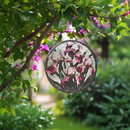 Floral Stained Glass Window Hanging - Iris Design Handmade Suncatcher, Luyseyha 8 Inch Sun Catcher