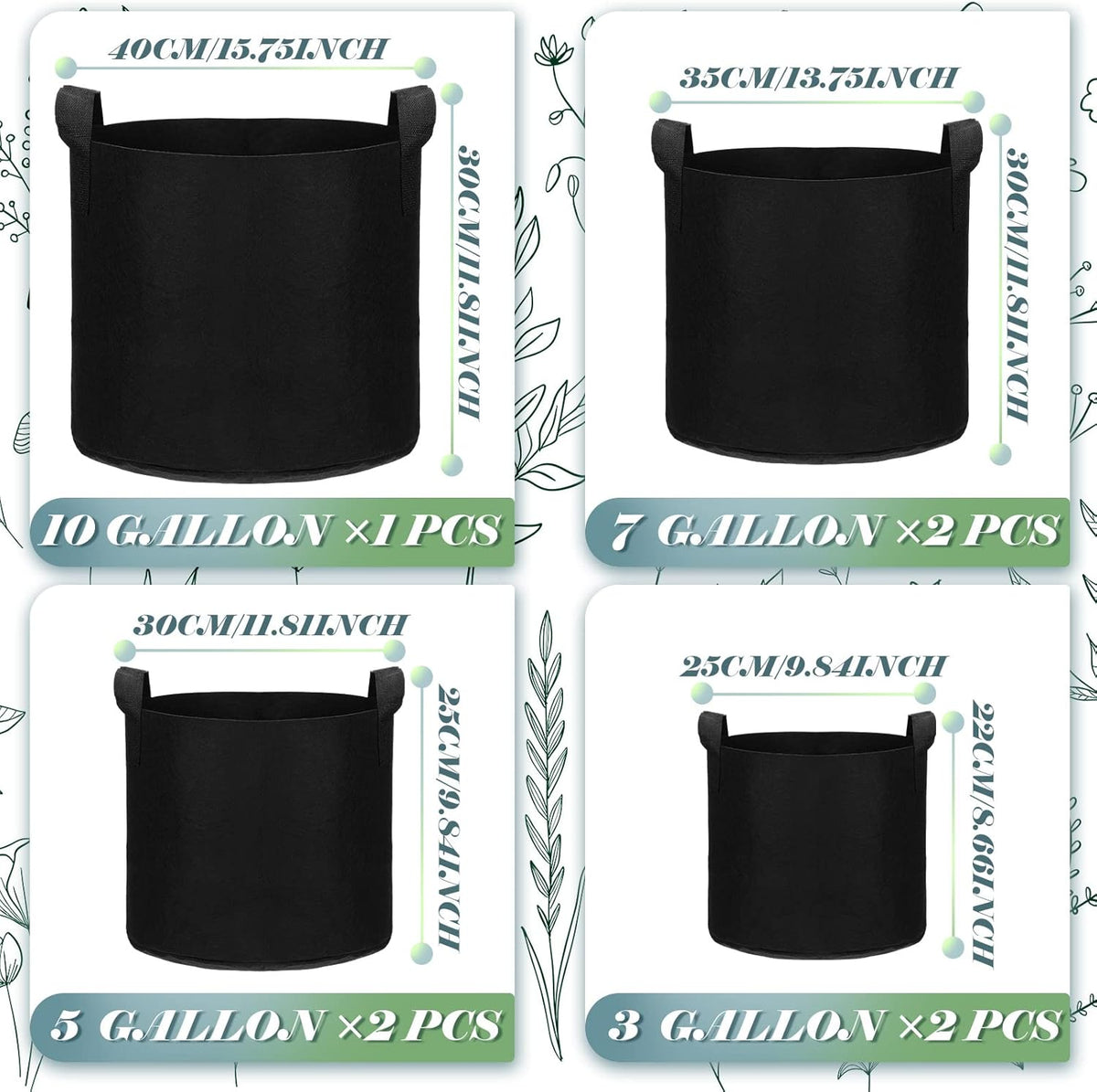 Hoolerry 7 Pack Black Plant Grow Bags Thickened Non Woven Grow Bags in 4 Sizes 10, 7, 5 and 3