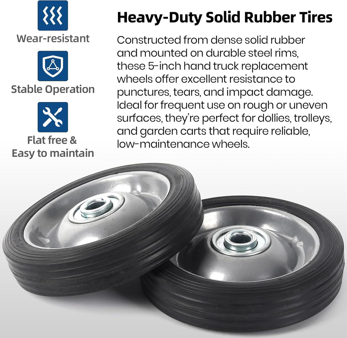 AR-PRO (2-Pack) 5" x 1.2" Flat Free Solid Rubber Wheel Assemblies - Replacement Hand Truck Wheels