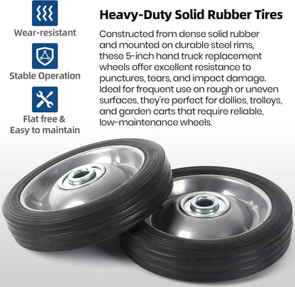 AR-PRO (2-Pack) 5" x 1.2" Flat Free Solid Rubber Wheel Assemblies - Replacement Hand Truck Wheels