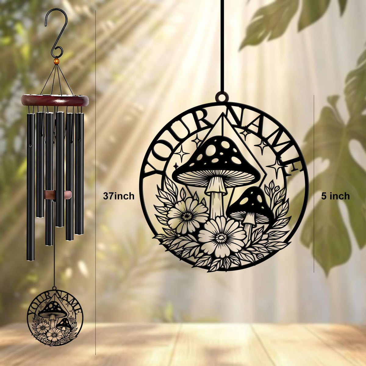 Personalized Customize Name Fantasy Mushroom Wonderland Wind Chime, Metal Iron 37 Inch Outdoor