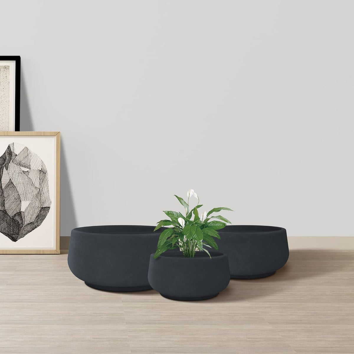 Kante 21.6",16.9",and 12.5" Dia Round Charcoal Elegant Planters (Set of 3), Outdoor Indoor Garden