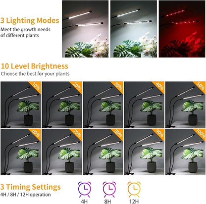 LED Clip-On Plant Growth Light - Auto On/Off Timer 4/8/12h - Dual Heads with Flexible Swan Necks