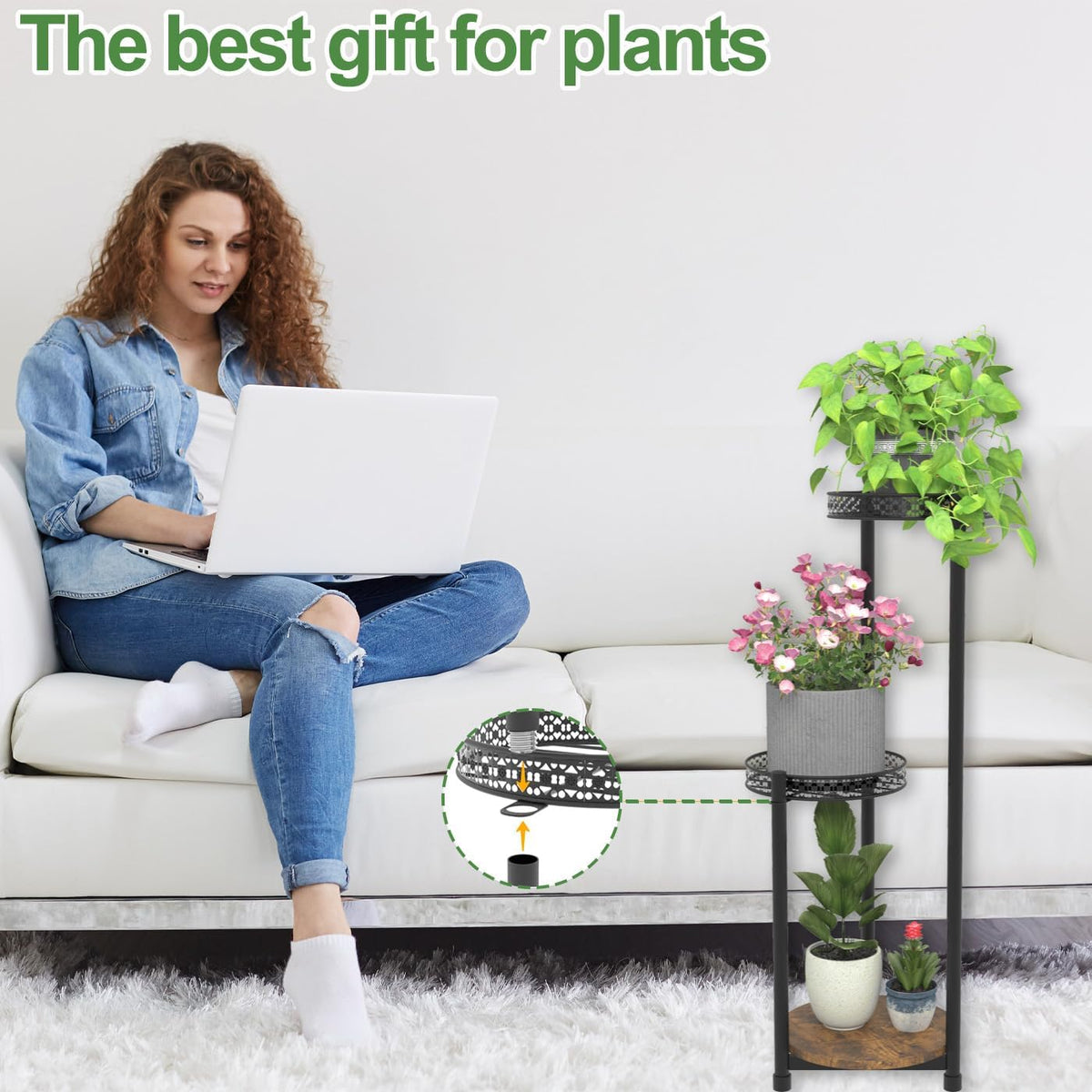 Plant Stand Indoor Outdoor,3 Tier Metal Wood Plant Stand for Multiple Plants,Black Tall Narrow