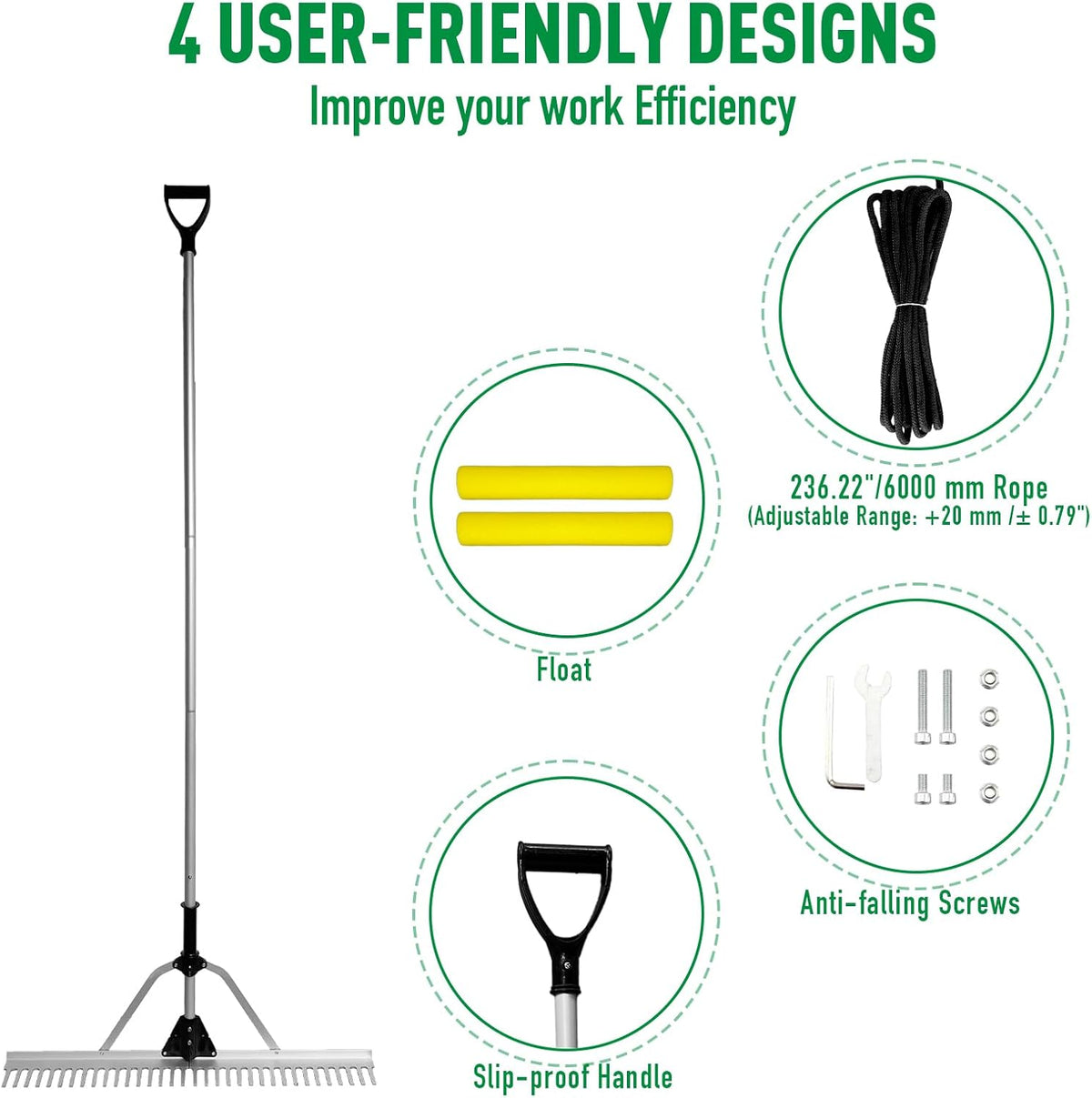 Floating Lake Rake, 36" Head Aluminum Landscape Rake with 103" Adjustable Handle, 20FT Rope &