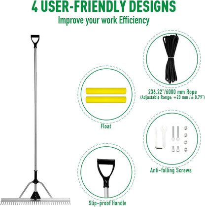 Floating Lake Rake, 36" Head Aluminum Landscape Rake with 103" Adjustable Handle, 20FT Rope &