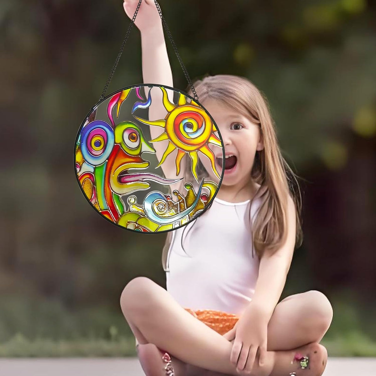 Artistic Sunrise Suncatcher Stained Glass Window Hanging, 7.9'' Abstract Sun Face Suncatchers