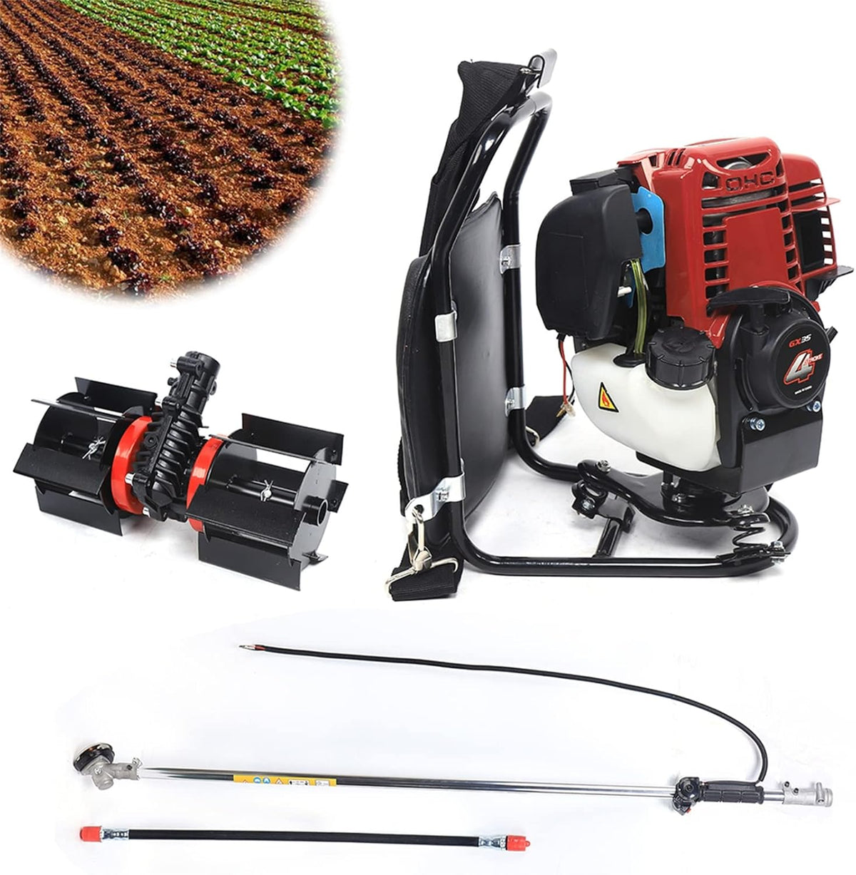Lawn Mower, 3-in-1 4 Stroke Gasoline Backpack Tiller Grass Weeding Trimmer, 1.4HP Air-Cooled Engine