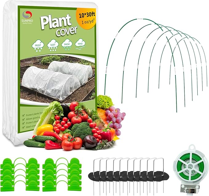 Plant Covers Freeze Protection Kit, 10 x 30Ft Frost Cloth and 6Pcs Fiberglass Garden Hoops 1oz/yd²