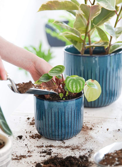 LE TAUCI Fluted Ceramic Planters Set of 3 – 8.3/7 / 5.7 in Ocean Blue Reactive Cylinder Indoor