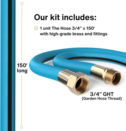 Aeromixer THE HOSE - 3/4 Inch Garden Hose 150 Ft, Kinkless Commercial Garden Hoses, Heavy Duty