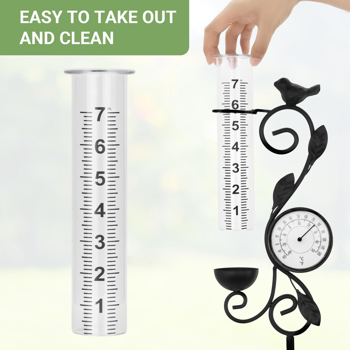 32" Garden Rain Gauge with Thermometer - 7" Glass Tube for Outdoor Indoor Use, Patio Yard Decor