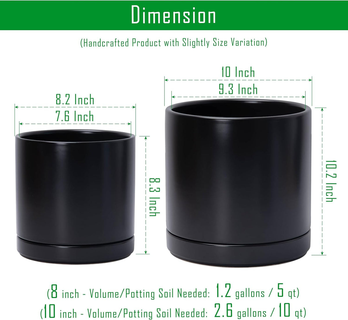 D'vine Dev 8.2 Inch & 10 Inch Ceramic Planter Pot for Plants with Drainage Hole and Saucer, Large