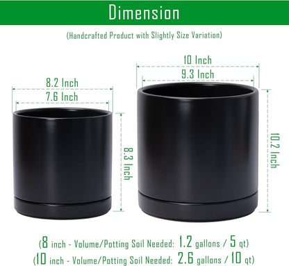 D'vine Dev 8.2 Inch & 10 Inch Ceramic Planter Pot for Plants with Drainage Hole and Saucer, Large