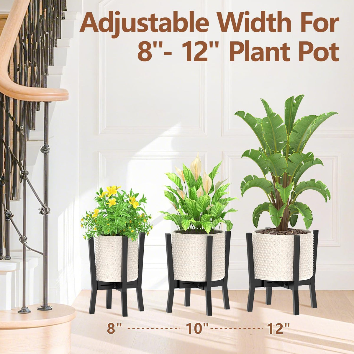 LASZOLA Black Adjustable Plant Stand for Single Large Outdoor Indoor Planters, Heavy Duty Metal