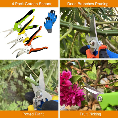 Pruning Shears, 4 Pack Garden Shears with Gardening gloves, Clippers Handheld, Stainless Steel