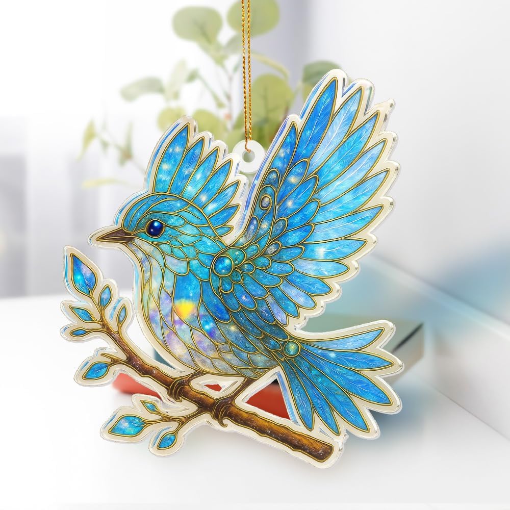 Blue Bird Stained Glass Ornament Acrylic Window Hanging Suncatcher – Bird Lover Gifts, Wildlife