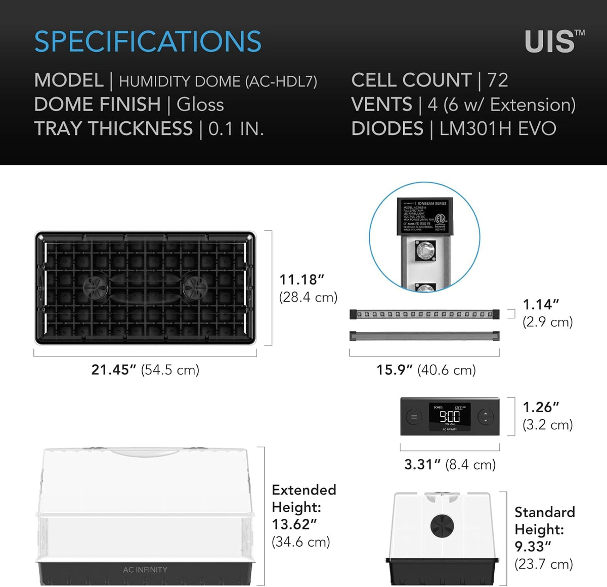 AC Infinity Heavy-Duty Large Humidity Dome w/Full Spectrum LED Grow Light Bars, Samsung LM301H EVO