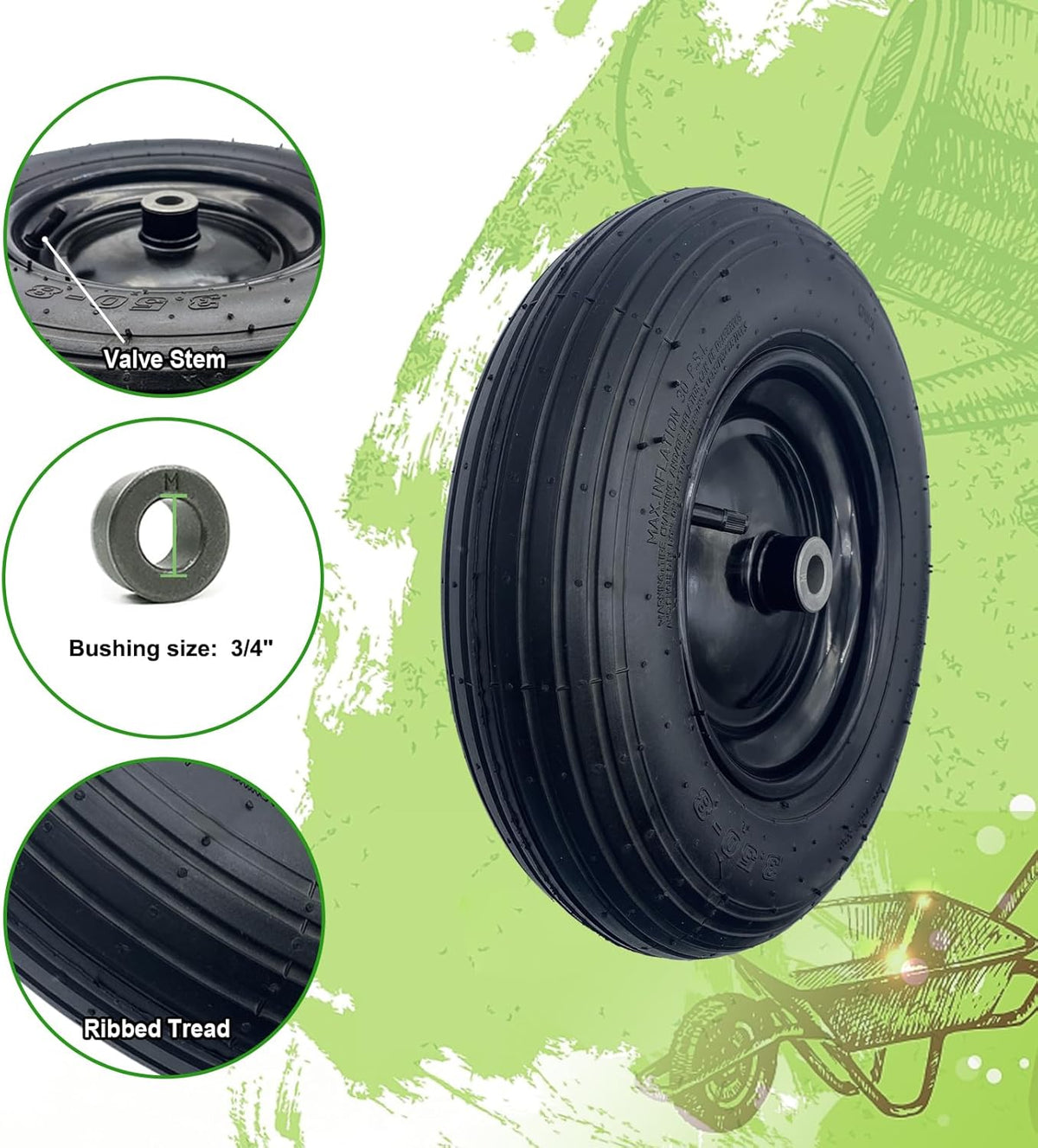 2-Pack 14.5-Inch Wheelbarrow Tire.3.50-8" Pneumatic Tires and wheels with 3"- 6" Center Hub and