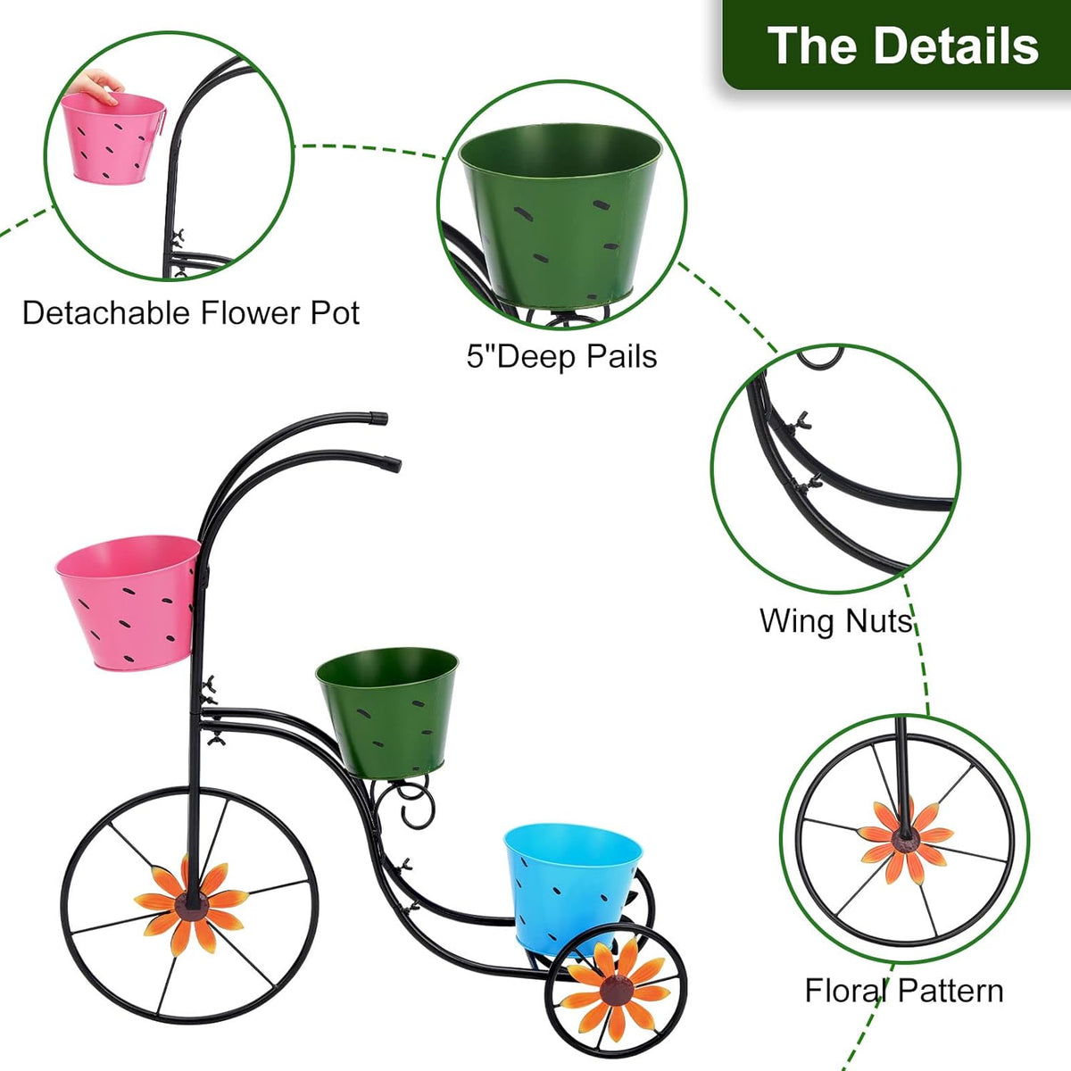 BAYN Bicycle Planter Stand, Metal Flower Pot Cart Holder with 3 Plant Bucket Outdoor Decorative for