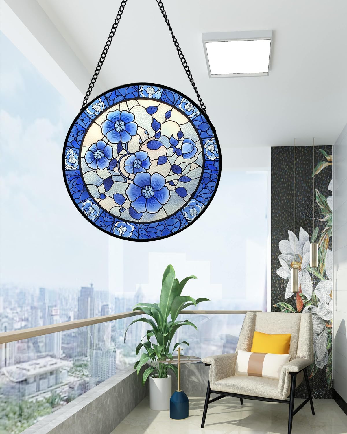 Stained Glass Window Hanging, Blue and White Plum Blossom Sun Catcher for Door Home Decor Flowers