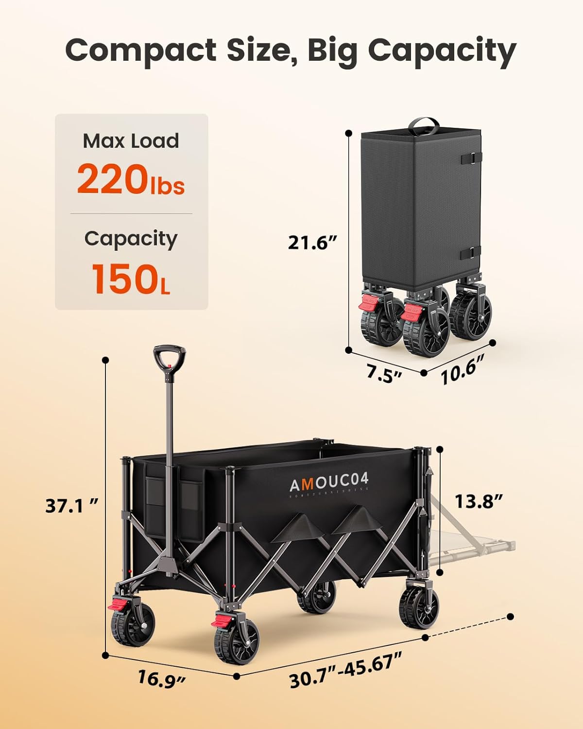 Wagon Cart Foldable, Collapsible Wagon with Expandable Storage, 150L Foldable Grocery Cart with 2