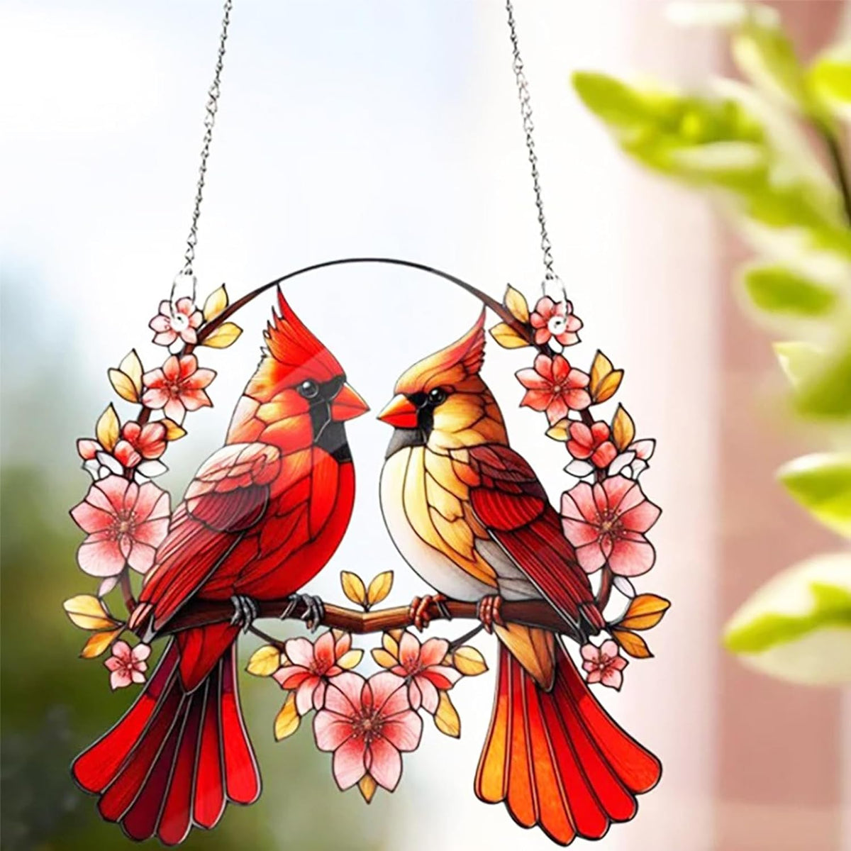 Acrylic Window Hanging Cardinal Suncatcher Decor,Red Bird Suncatcher Panel Outdoor Wall Art Stained