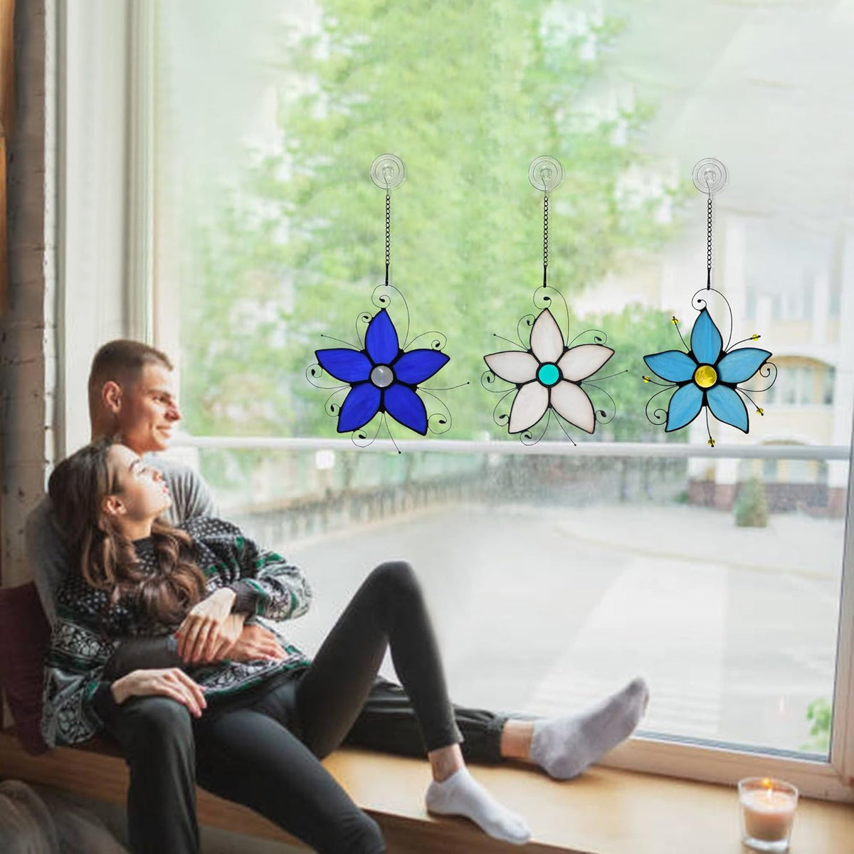 Stained Glass Window Hanging Flower Ornaments,Forget Me Not Blue Flower Suncatcher for Window, Home