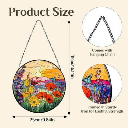 Stained Glass Window Hanging Sunrise Suncatcher, Renyalora 10 Inch Round Wildflower Glass Sun