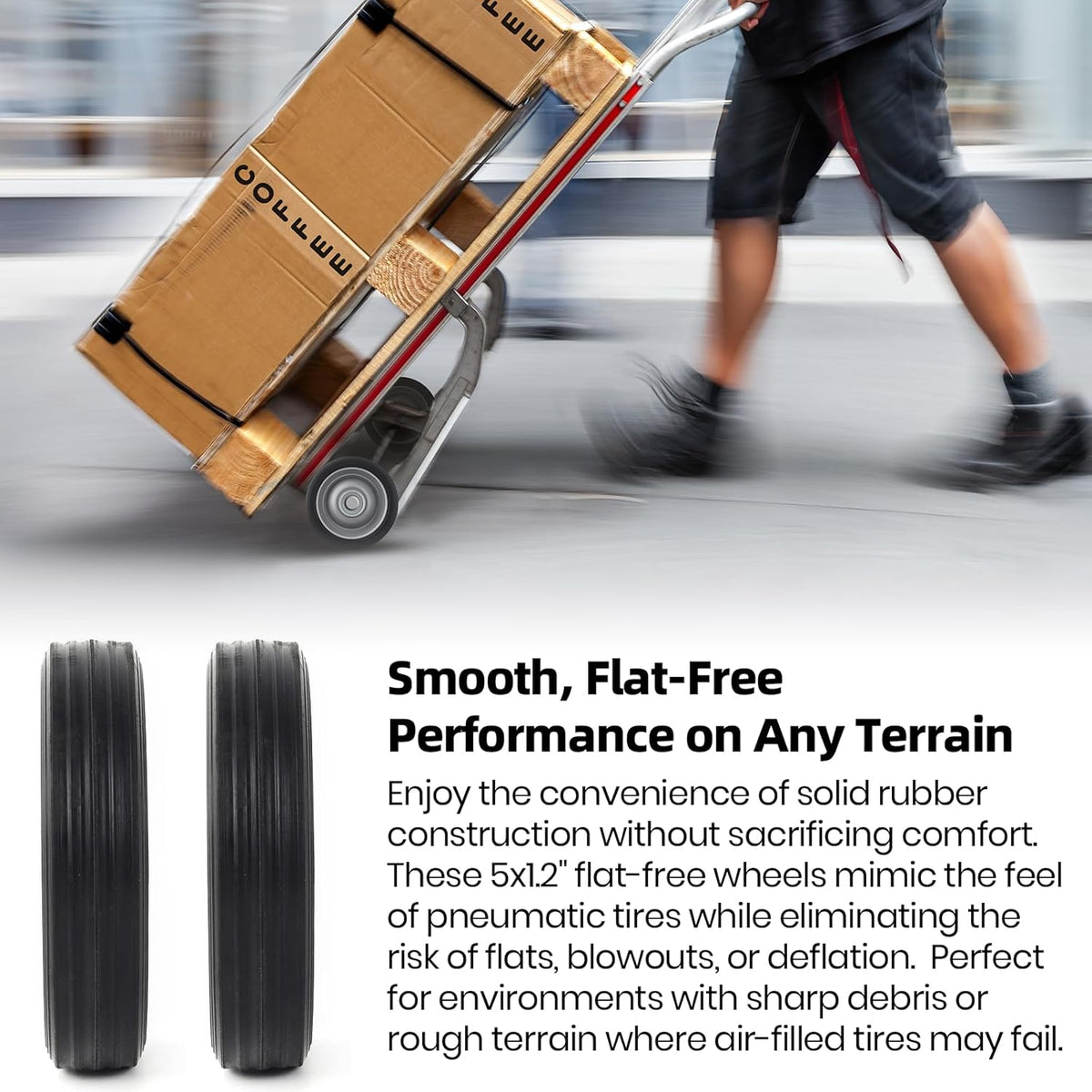 AR-PRO (2-Pack) 5" x 1.2" Flat Free Solid Rubber Wheel Assemblies - Replacement Hand Truck Wheels
