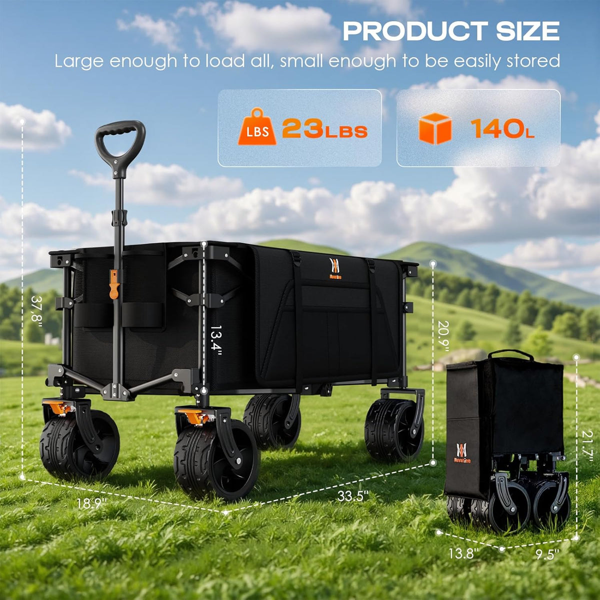 Navatiee Big Wheels Collapsible Wagon Cart Foldable, Heavy Duty Beach Wagon with Silent All-Terrain