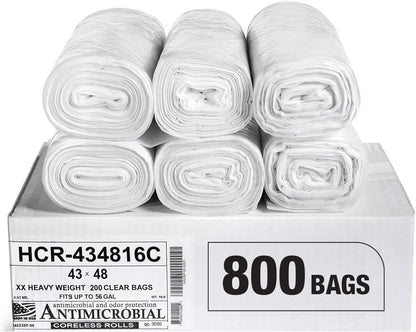 Aluf Plastics High Density Trash Bags, 56 Gallon, 800 Count, 16 Micron (eq), 43" x 48", Clear, for
