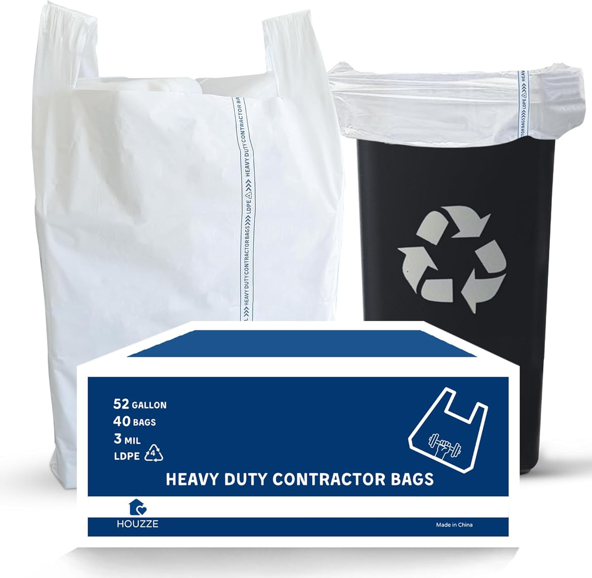 Heavy Duty Contractor Trash Bags with Handles – 52 Gallon, 40 Count | 3 MIL Thick, Extra Large