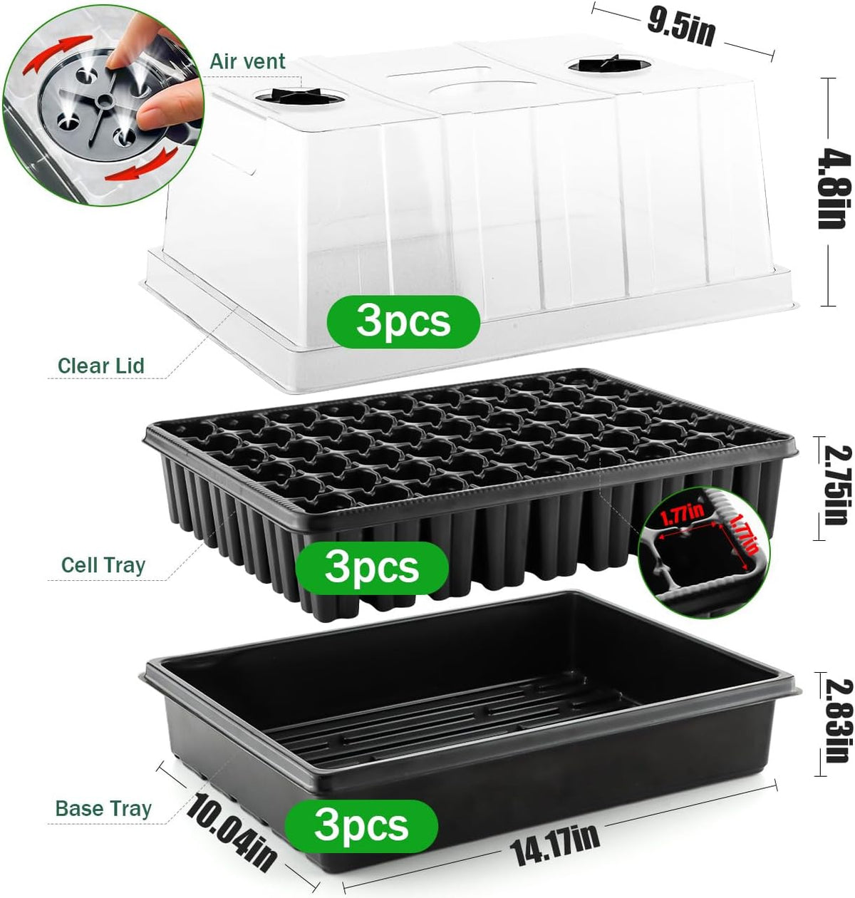 Heavy Duty Seed Starter Trays with 5'' Tall Humidity Domes & 2.75'' Deep Cells – 3-Pack (162 Cells