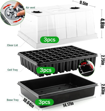 Heavy Duty Seed Starter Trays with 5'' Tall Humidity Domes & 2.75'' Deep Cells – 3-Pack (162 Cells