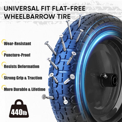 TICONN 4.80/4.00-8 Tire, 16" Flat Free Wheelbarrow Tire and Wheel, Solid Replacement Tires with 3"