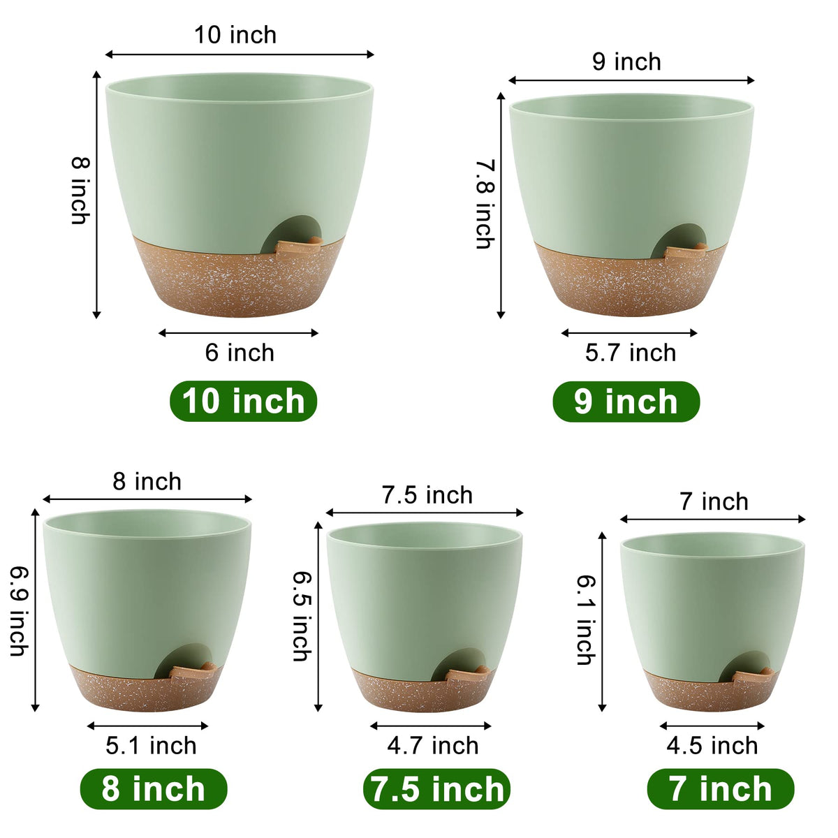 QRRICA Plant Pots 10/9/8/7.5/7 Inch Self Watering Pots, Set of 5 Plastic Planters with Drainage