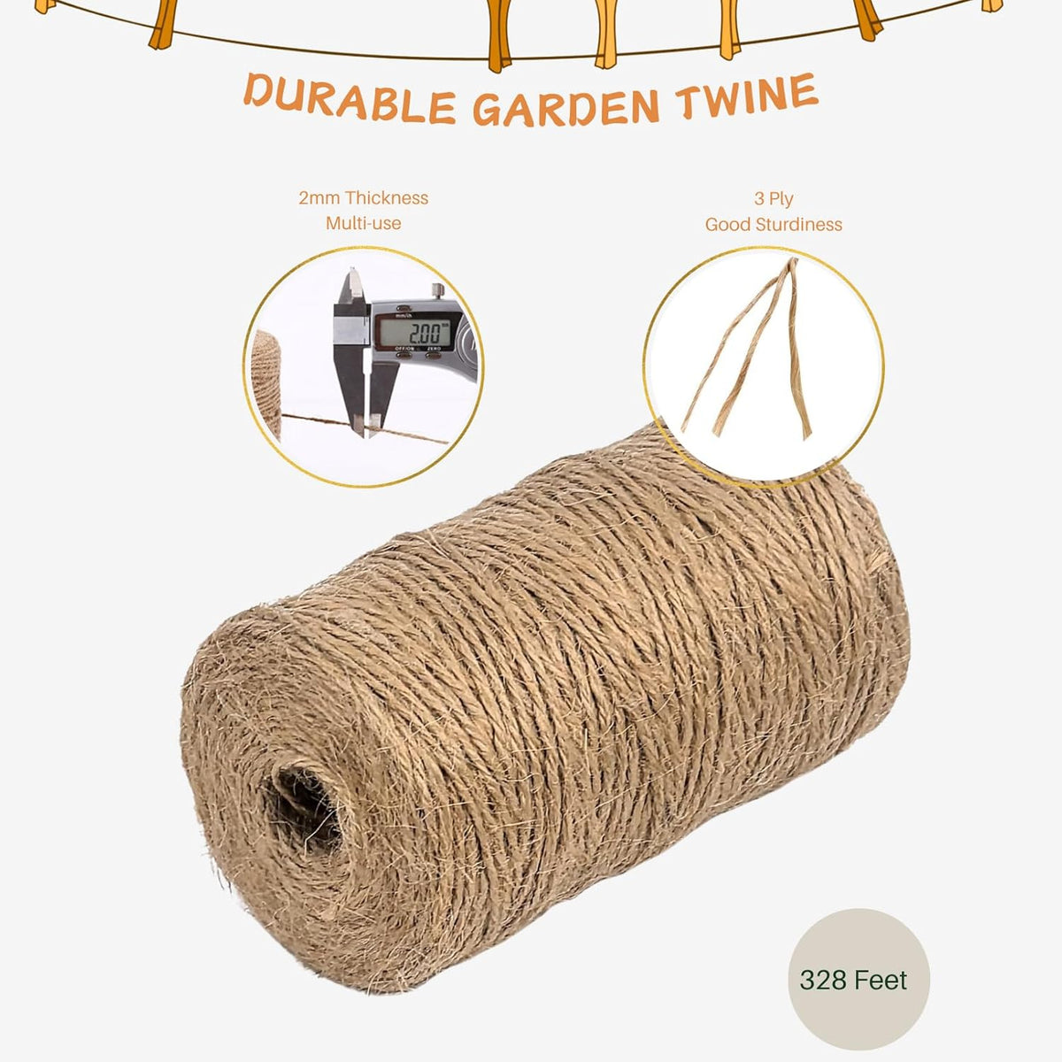 Garden Twine 3mm, 328 Feet Natural Jute Twine for Garden, Crafts, Gifts Wrapping, Packing and Home
