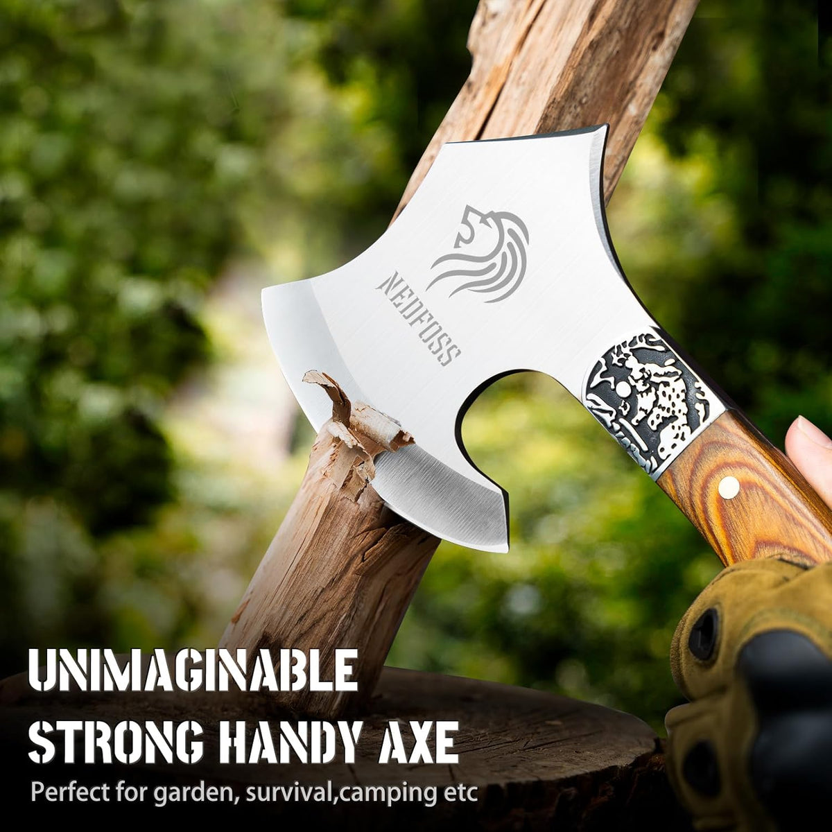 NedFoss Warthog Camping Axe, 9" Full Tang Small Axe with Leather Sheath, Survival Hatchet with Wood
