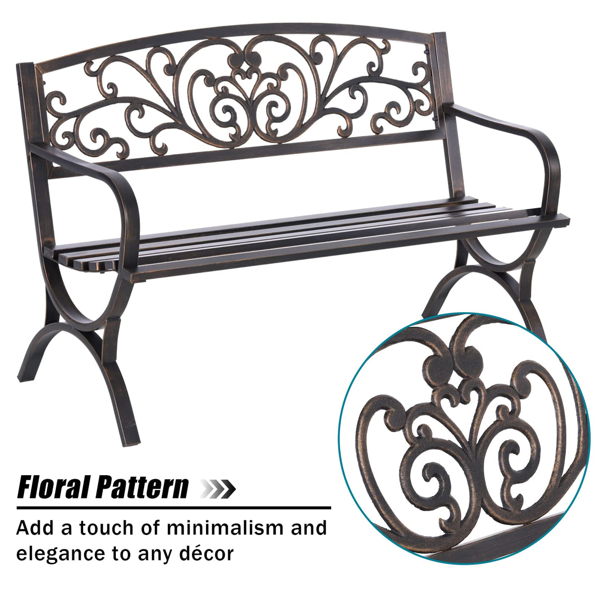 MFSTUDIO 50 Inches Outdoor Garden Bench Cast Iron Metal Frame Floral Bronze