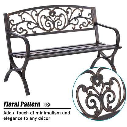 MFSTUDIO 50 Inches Outdoor Garden Bench Cast Iron Metal Frame Floral Bronze