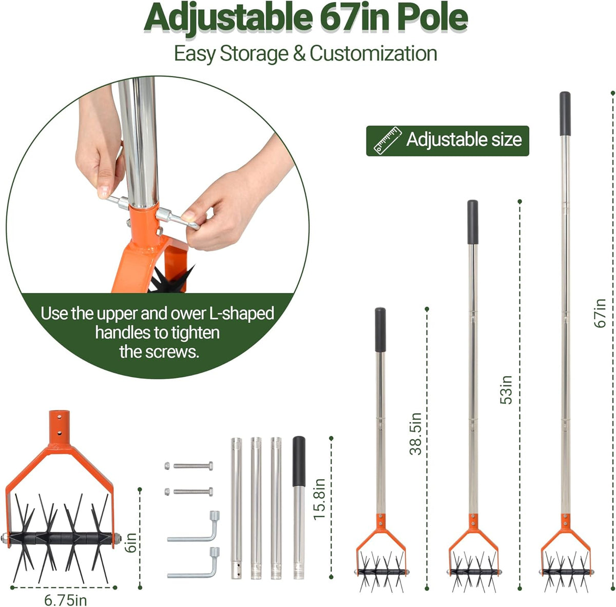 67-Inch Garden Cultivator with Tempered Spring Steel Tines, Adjustable Stainless Steel Handle