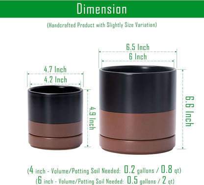D'vine Dev 4.7 Inch & 6.5 Inch Ceramic Planter Pots for Plants with Drainage Hole and Saucer, Small